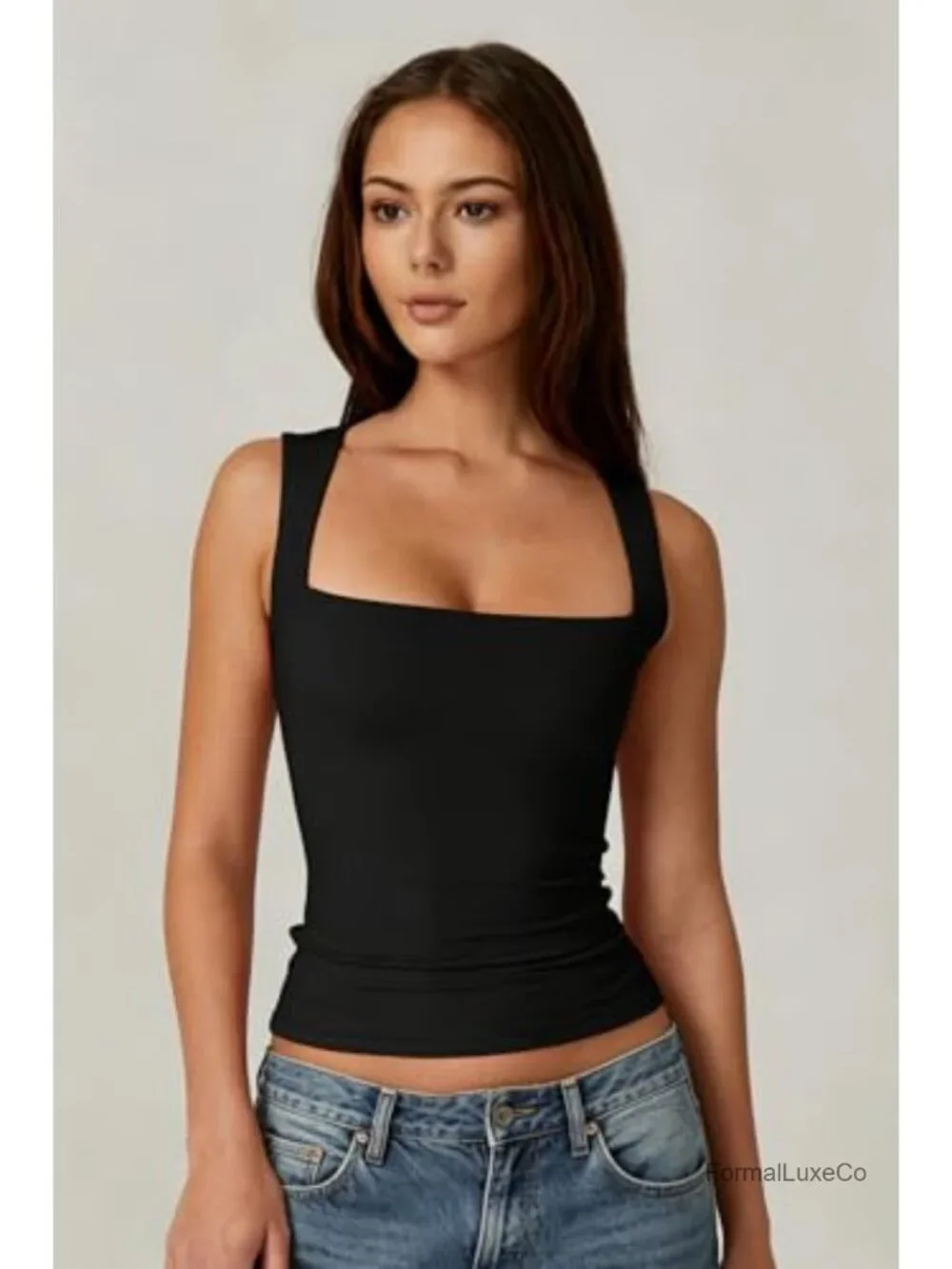 Womens Square Neck Sleeveless Double-Layer Tank Top Basic Tight Stretch Knit